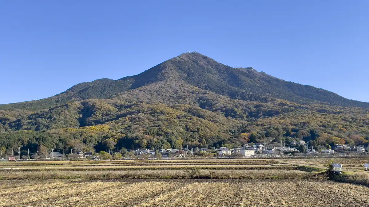 11月28日に撮影した筑波山の南西方国道42号線からの山全体の紅葉状況写真