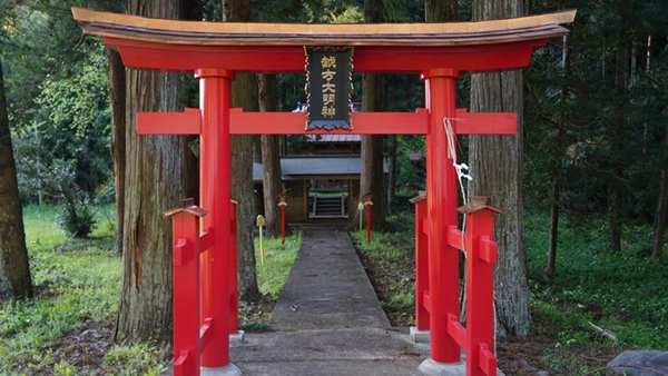 越方神社の鳥居と境内の景観写真
