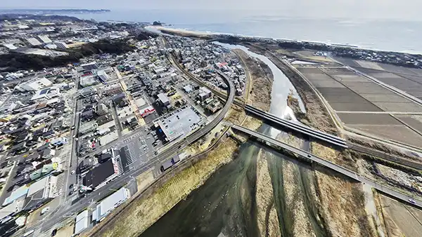 茨城県北茨城市の白鳥飛来地・大北川と花園川の合流地点の空撮VRツアー