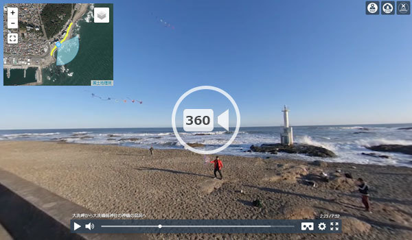 大洗町の初日の出スポットの大洗岬から神磯の鳥居への観光VR動画